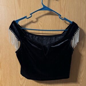 Elegant Black cropped Velvet Top with Beaded Fringe